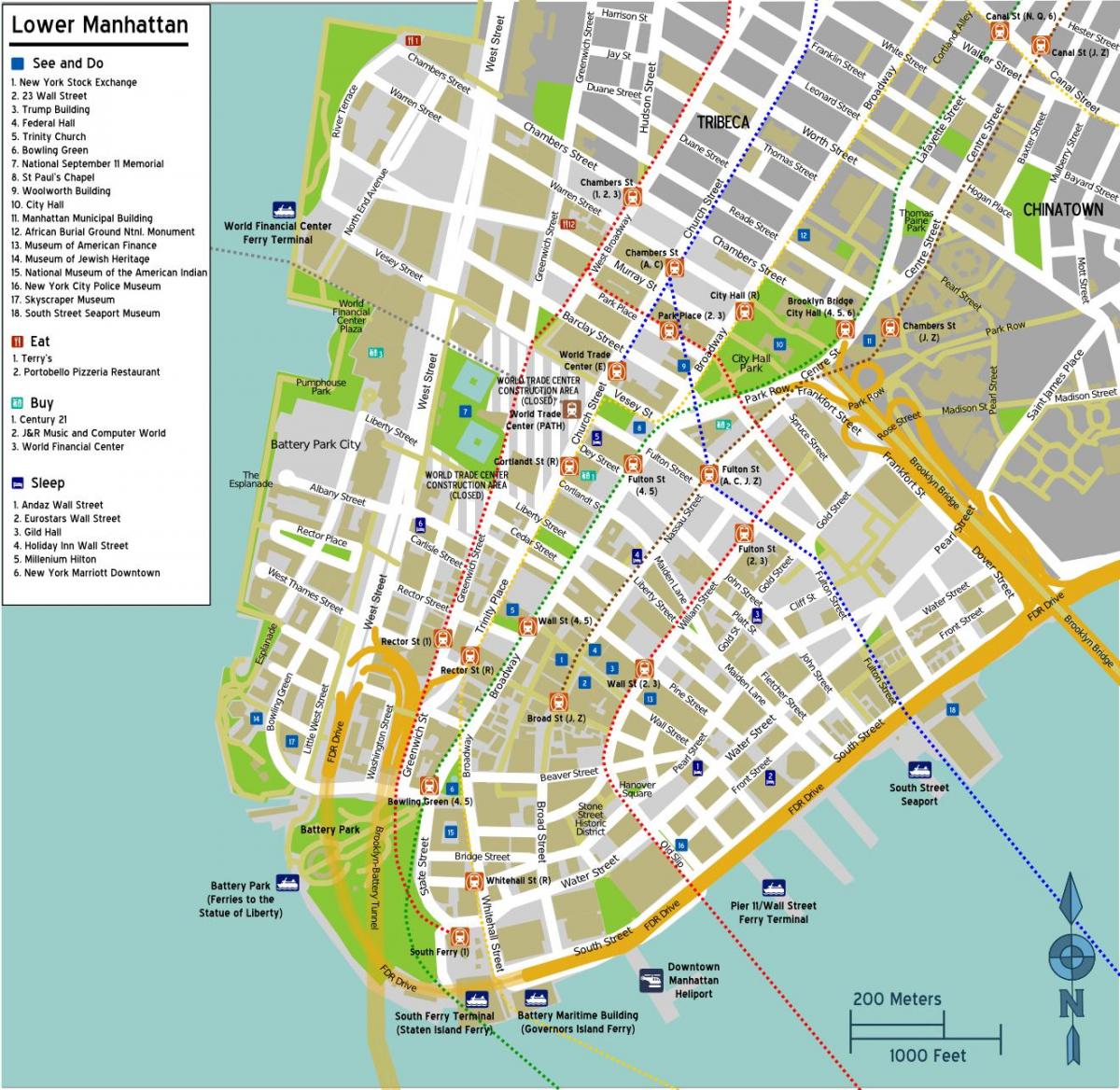 bản đồ của lower Manhattan với tên đường phố